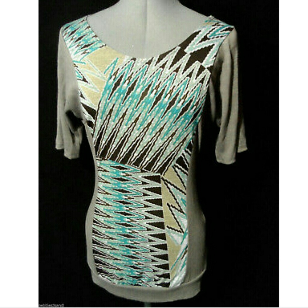 Nwt J.MODE Geometric Tunic Top S Gray Turquoise